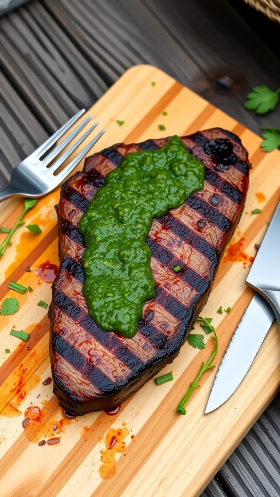 Grilled Steak with Zesty Chimichurri Sauce Grilled ribeye steak topped with chimichurri sauce on a cutting board with fresh herbs.